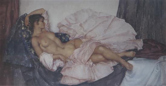 William Russell Flint - limited edition print, Model Reclining, 149/750, 30 x 54cm.